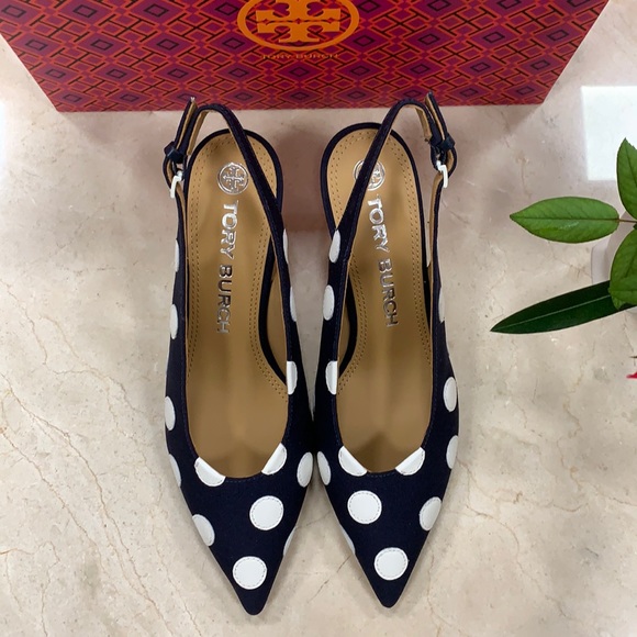 TORY BURCH CANVAS NAVY SLINGBACK PUMP WITH LEATHER POLKA DOTS IN WHITE SIZE 7, 8 - Picture 4 of 15
